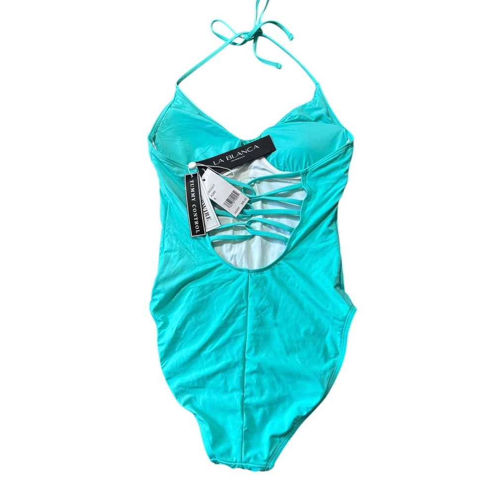 La Blanca Island Goddess Aqua Halter One Piece Swimsuit Tummy Control Size 6 NWT - Picture 6 of 11
